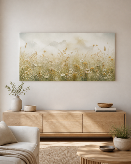 Quiet Wildflower Meadow stretched canvas wall art in a neutral living room, thumbnail view
