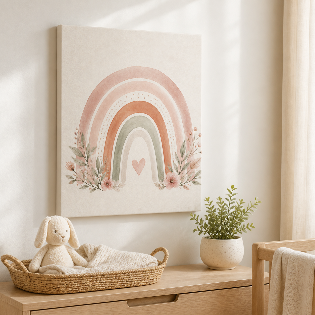 Rainbow Love Nursery Stretched Canvas Wall Art styled in a neutral Australian baby nursery