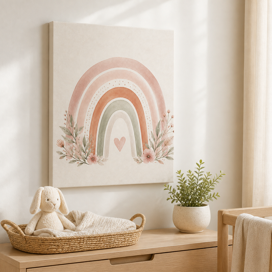 Rainbow Love Nursery Stretched Canvas Wall Art styled in a neutral Australian baby nursery