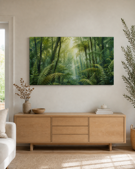 Rainforest Light stretched canvas wall art in a neutral living room, thumbnail view