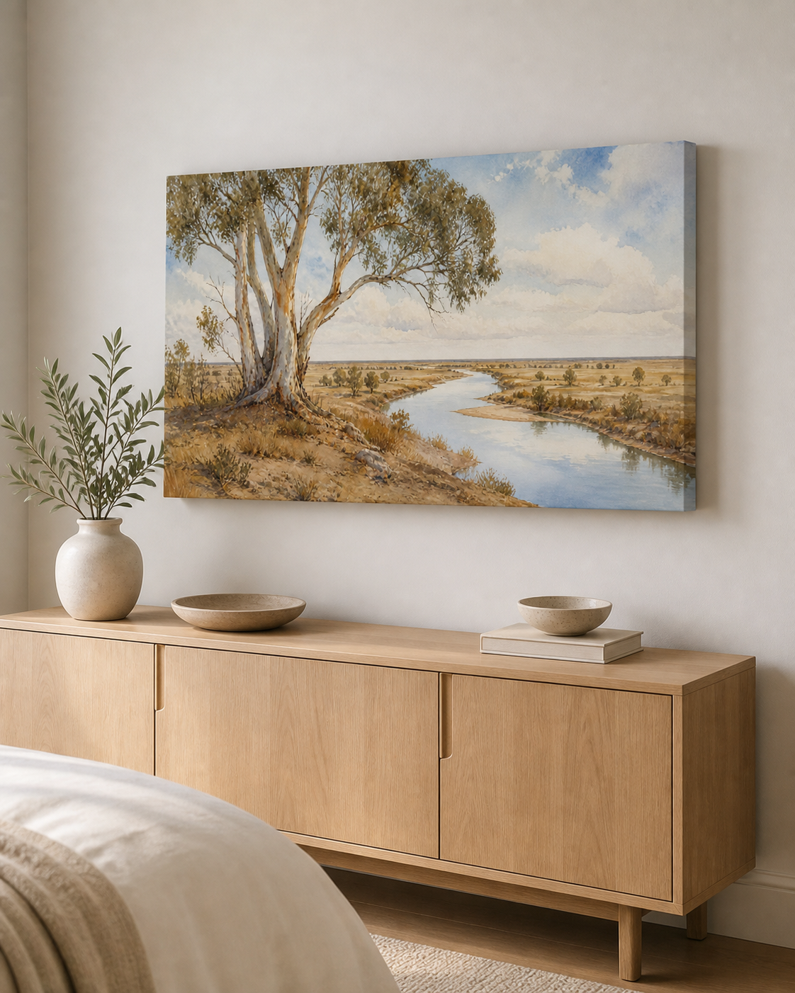 River Gum Solitude stretched canvas wall art from a left interior angle