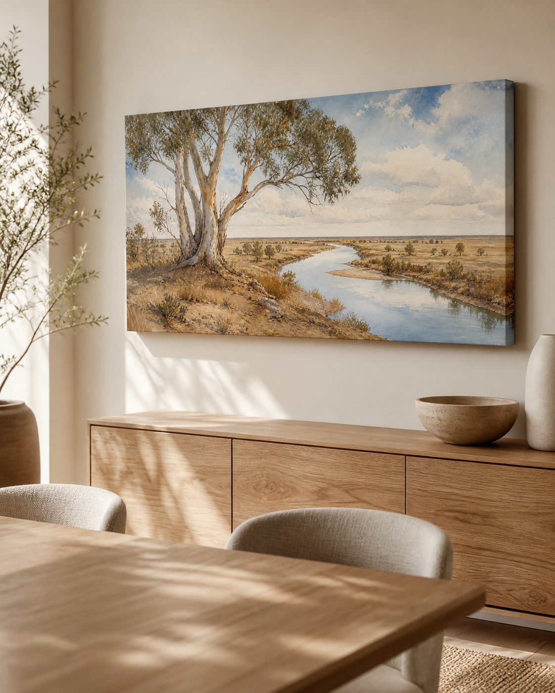 River Gum Solitude stretched canvas wall art from a right interior angle