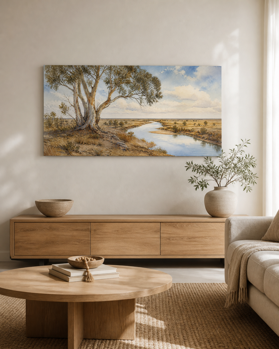 River Gum Solitude stretched canvas wall art in a neutral living room, thumbnail view