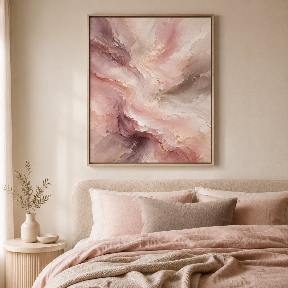 Rose Quartz Current blush floating-framed canvas styled above an elegant neutral bed
