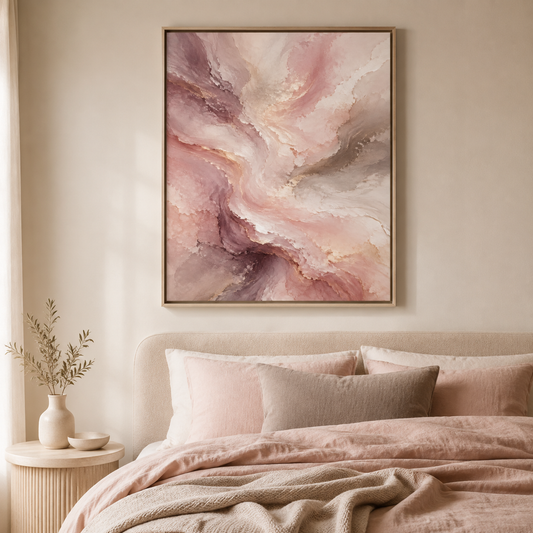 Rose Quartz Current blush floating-framed canvas styled above an elegant neutral bed