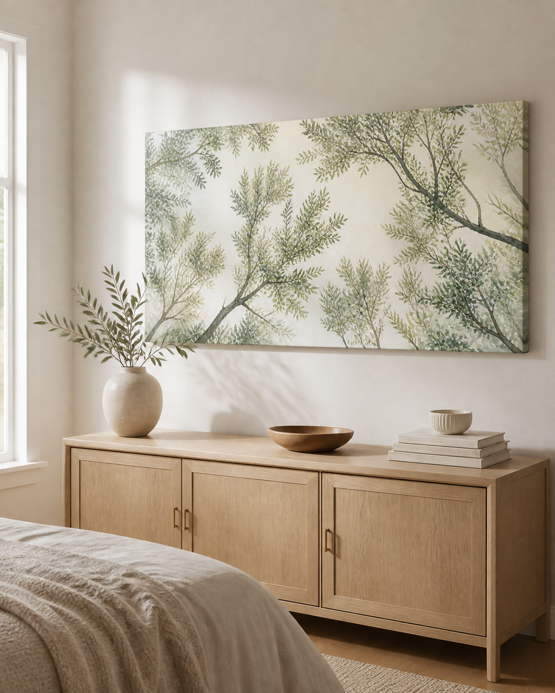 Sage Canopy stretched canvas wall art from a left interior angle