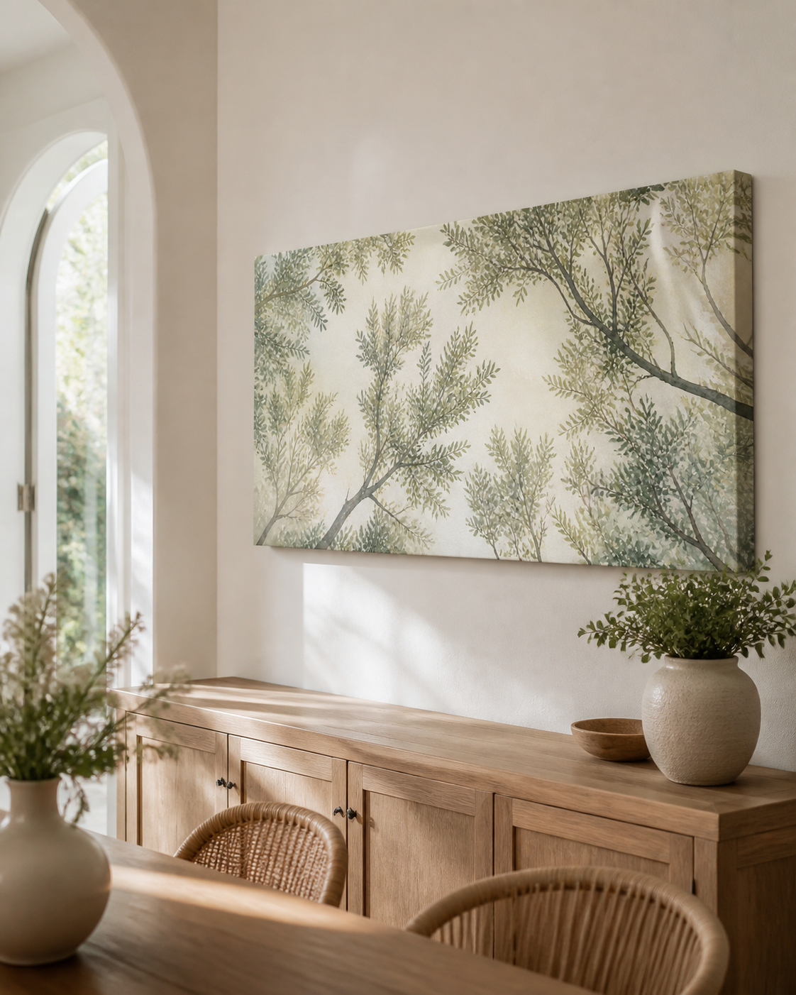 Sage Canopy stretched canvas wall art from a right interior angle