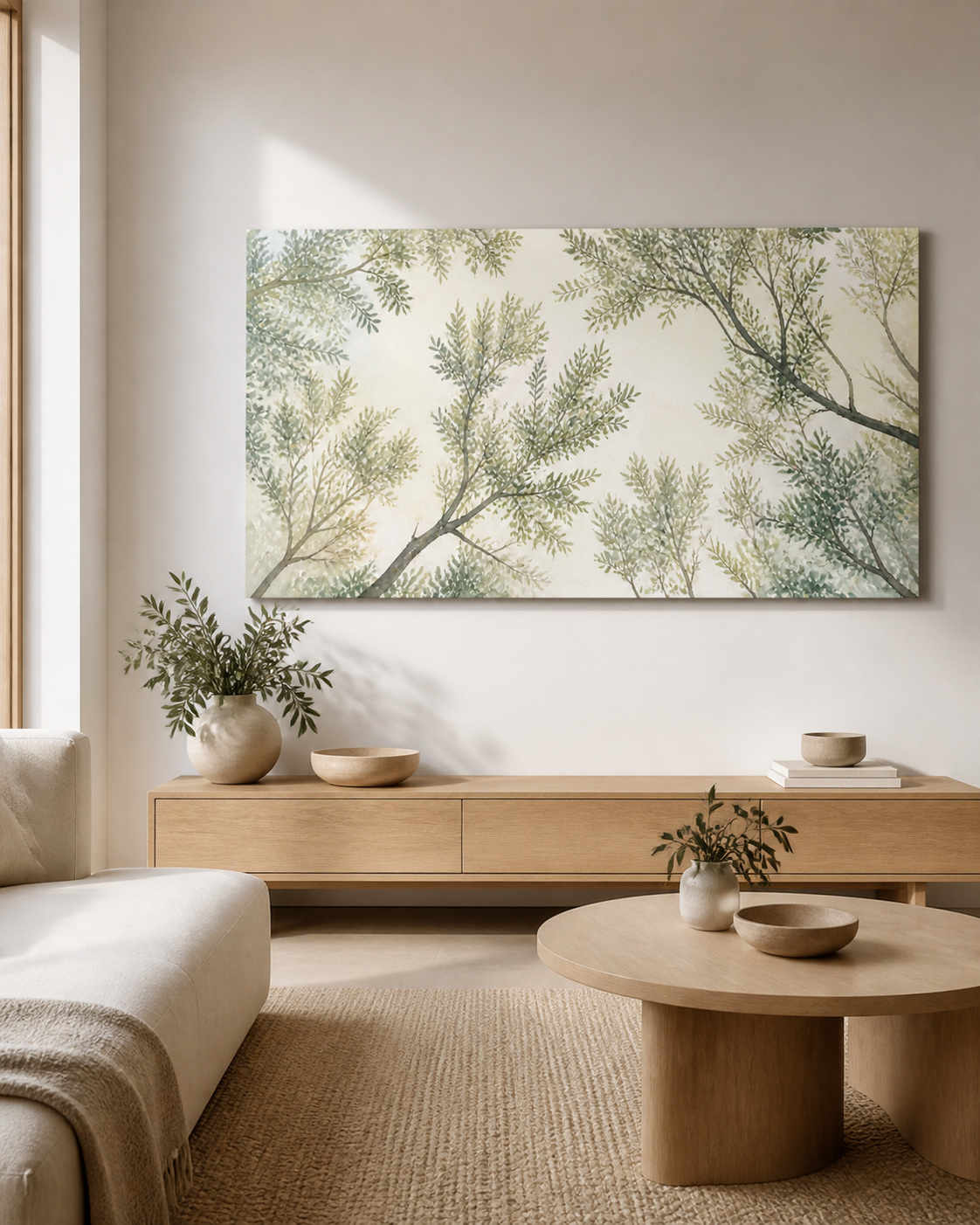 Sage Canopy stretched canvas wall art in a neutral living room, thumbnail view