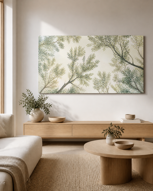 Sage Canopy stretched canvas wall art in a neutral living room, thumbnail view
