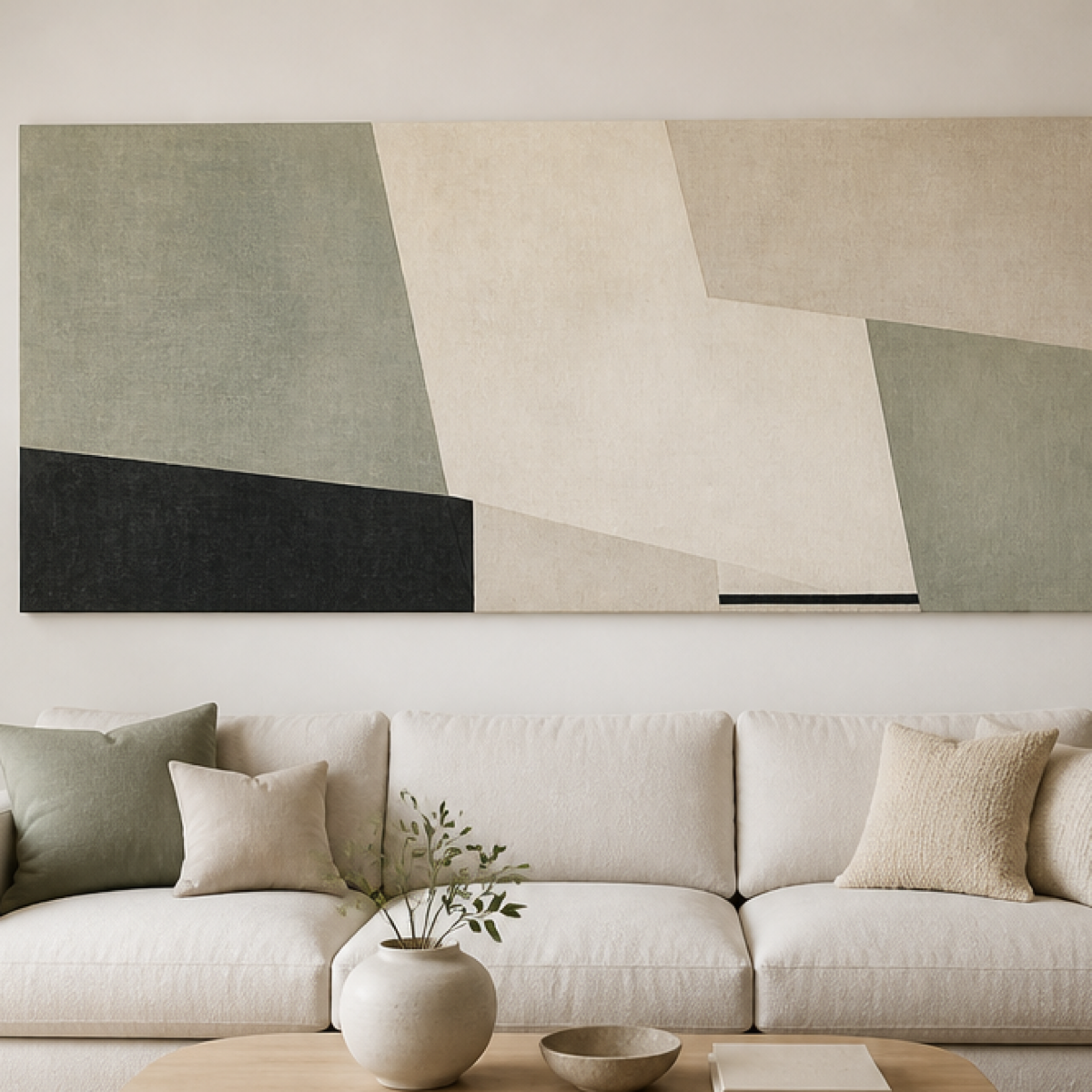 Sage Geometry Minimalist Stretched Canvas displayed above a neutral sofa – lifestyle thumbnail