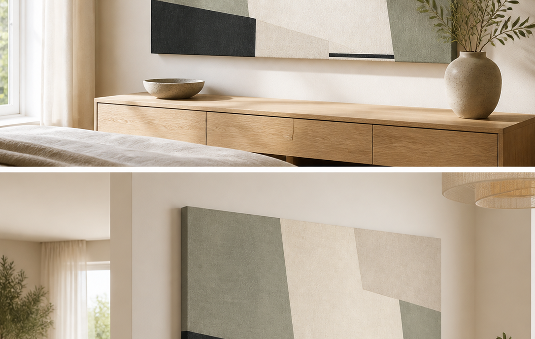 Sage Geometry stretched canvas wall art in bedroom, left angle