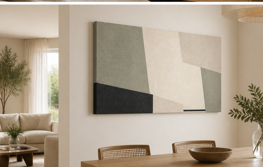 Sage Geometry stretched canvas wall art in dining room, right angle