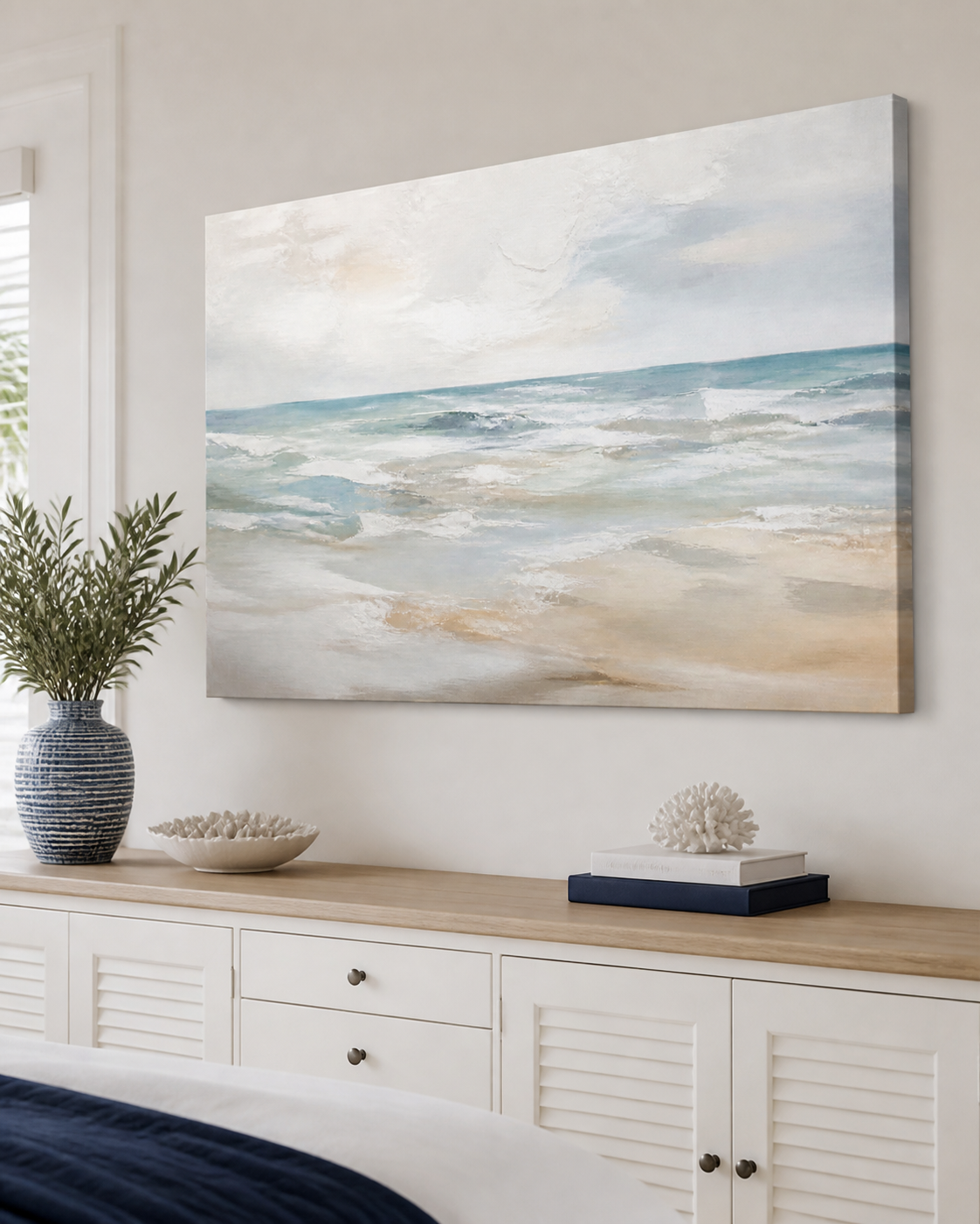 Salt Air Horizon Hamptons stretched canvas wall art from a left interior angle