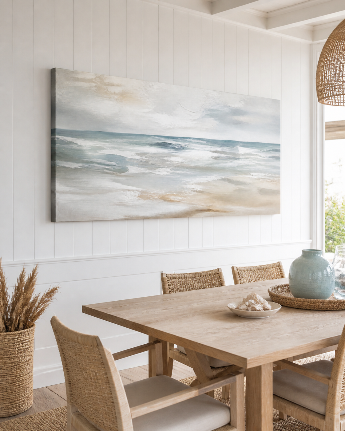 Salt Air Horizon Hamptons stretched canvas wall art from a right interior angle