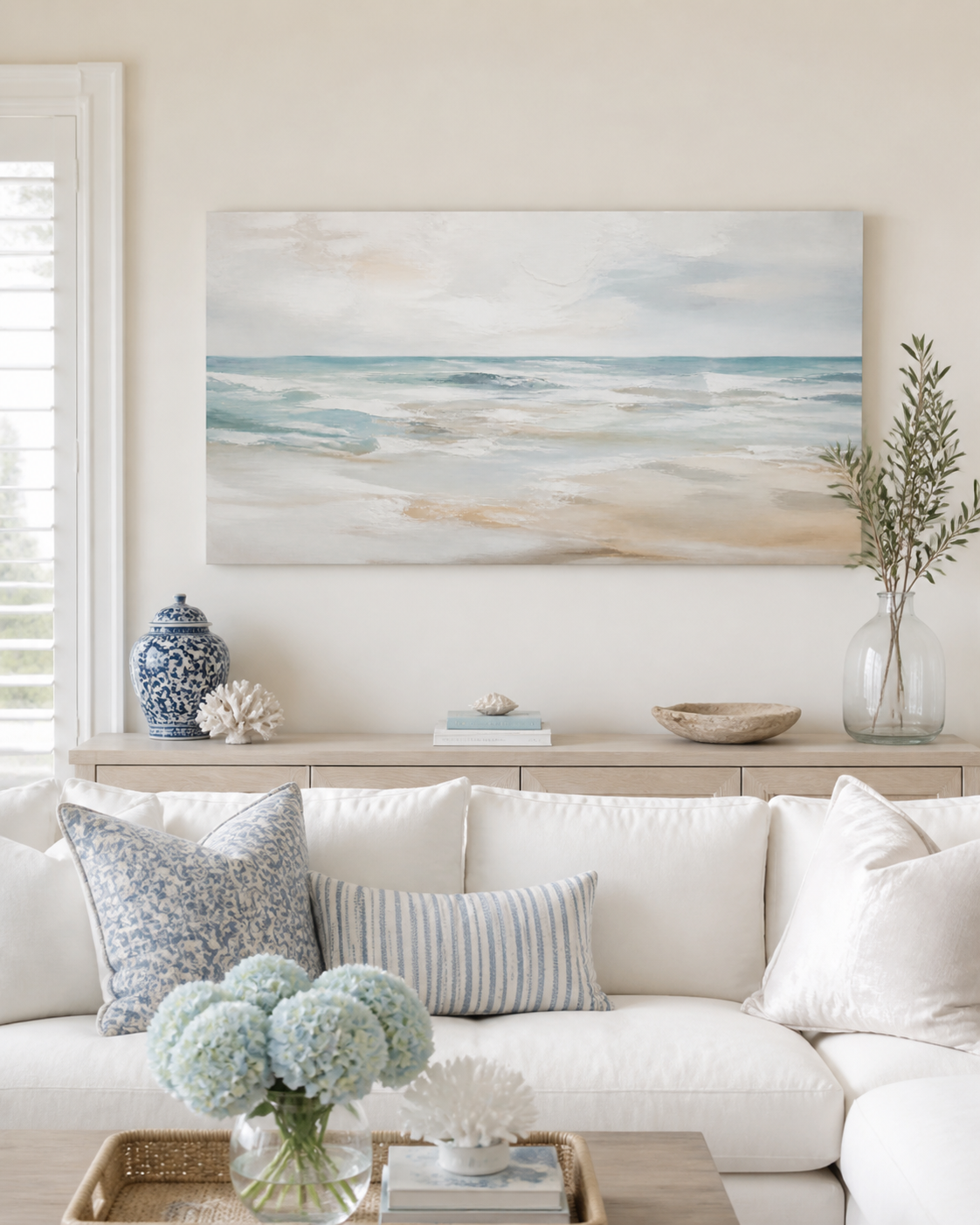 Salt Air Horizon Hamptons coastal stretched canvas wall art in a living room