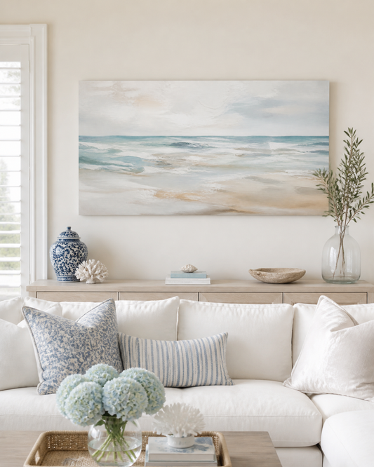 Salt Air Horizon Hamptons coastal stretched canvas wall art in a living room