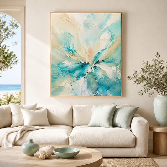Saltwater Bloom aqua coastal floating-framed canvas in a bright Australian living room