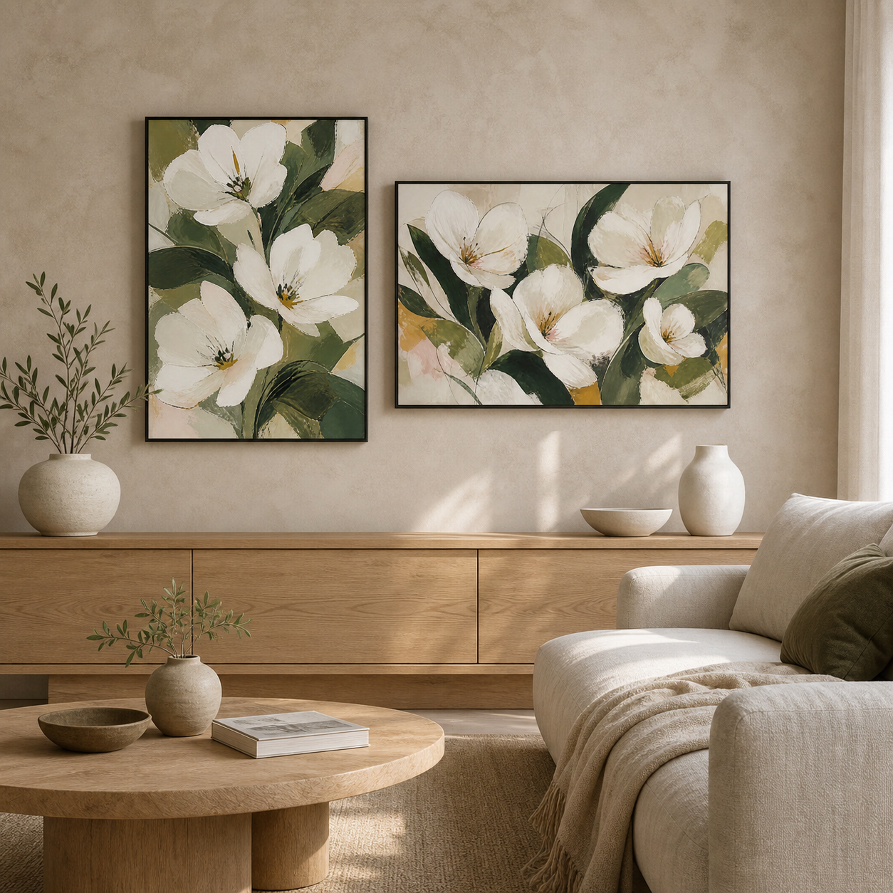 Sculptural Bloom black floating frame floral canvas wall art in a contemporary living room, portrait and landscape