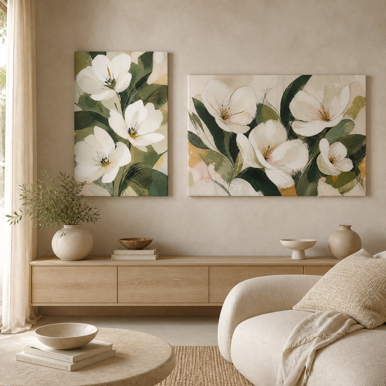 Sculptural Bloom stretched canvas floral wall art in a contemporary living room, portrait and landscape