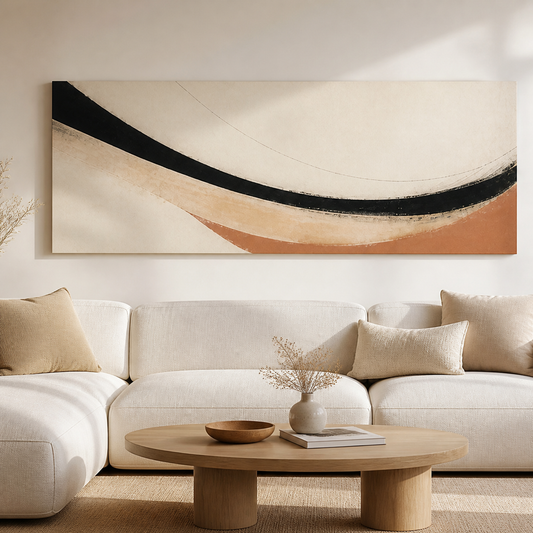 Silent Curve Minimalist Abstract Stretched Canvas displayed above a neutral sofa – lifestyle thumbnail