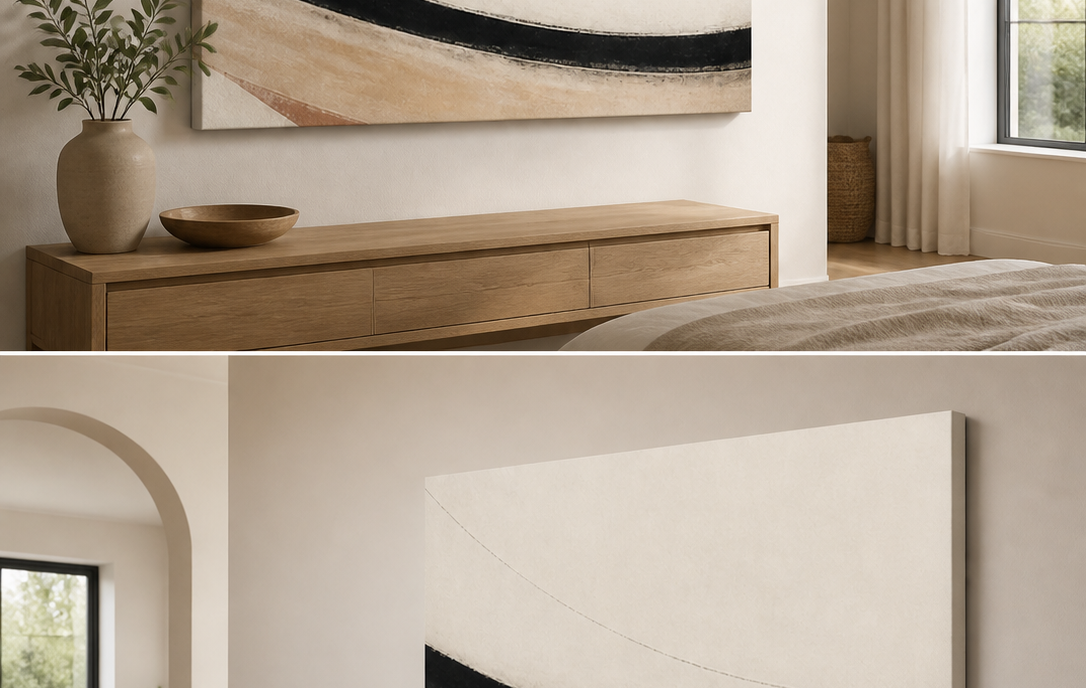 Silent Curve stretched canvas wall art in bedroom, left angle