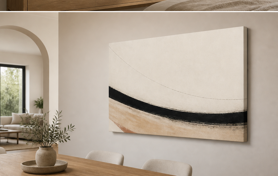 Silent Curve stretched canvas wall art in dining room, right angle