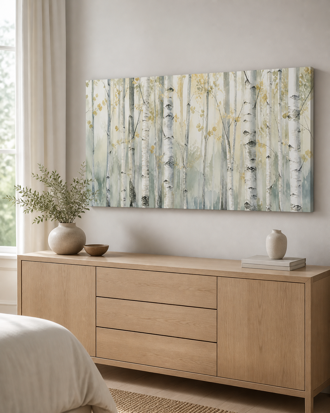 Silver Birch Grove stretched canvas wall art from a left interior angle