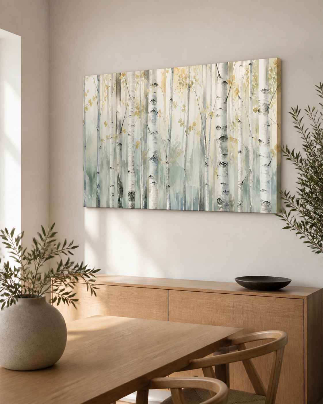 Silver Birch Grove stretched canvas wall art from a right interior angle
