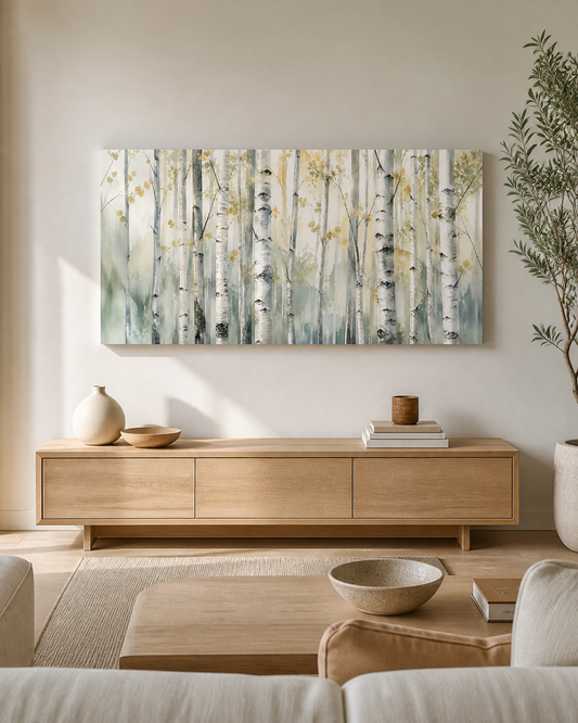 Silver Birch Grove stretched canvas wall art in a neutral living room, thumbnail view