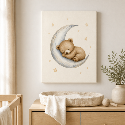 Sleepy Bear Nursery Stretched Canvas Wall Art styled in a neutral Australian baby nursery