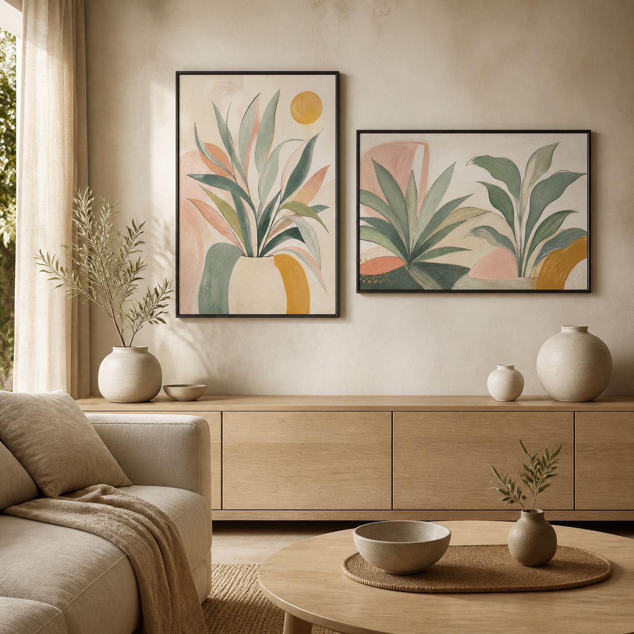 Soft Botanical black floating frame canvas wall art in a contemporary living room, portrait and landscape