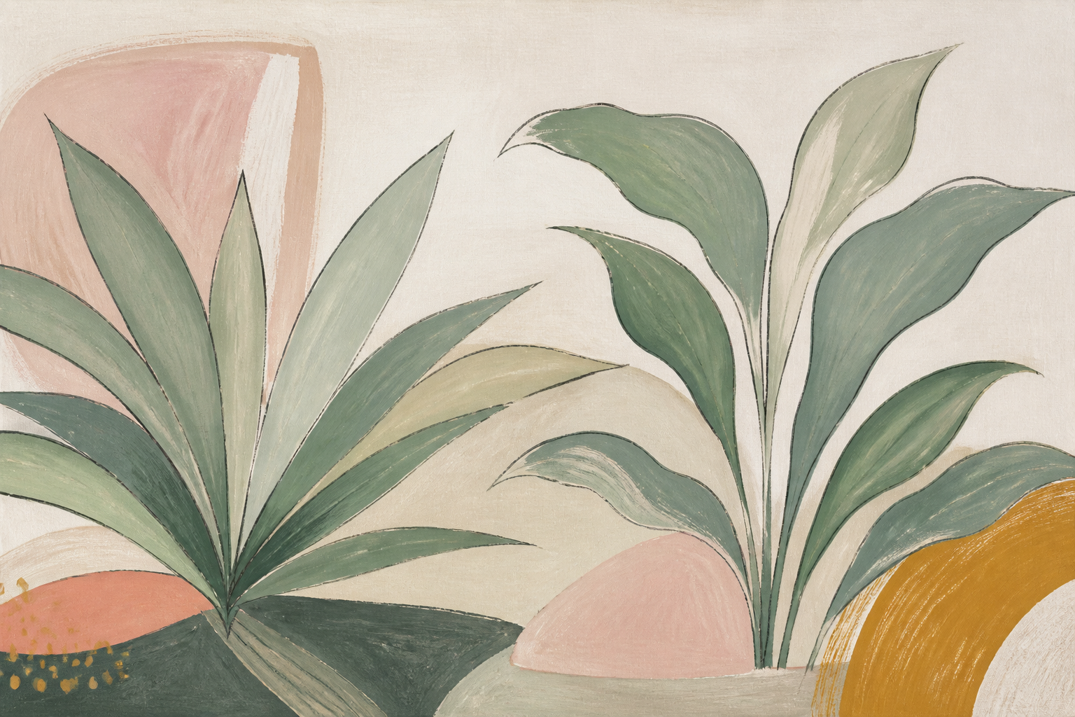 Soft Botanical green and blush canvas wall art, landscape orientation