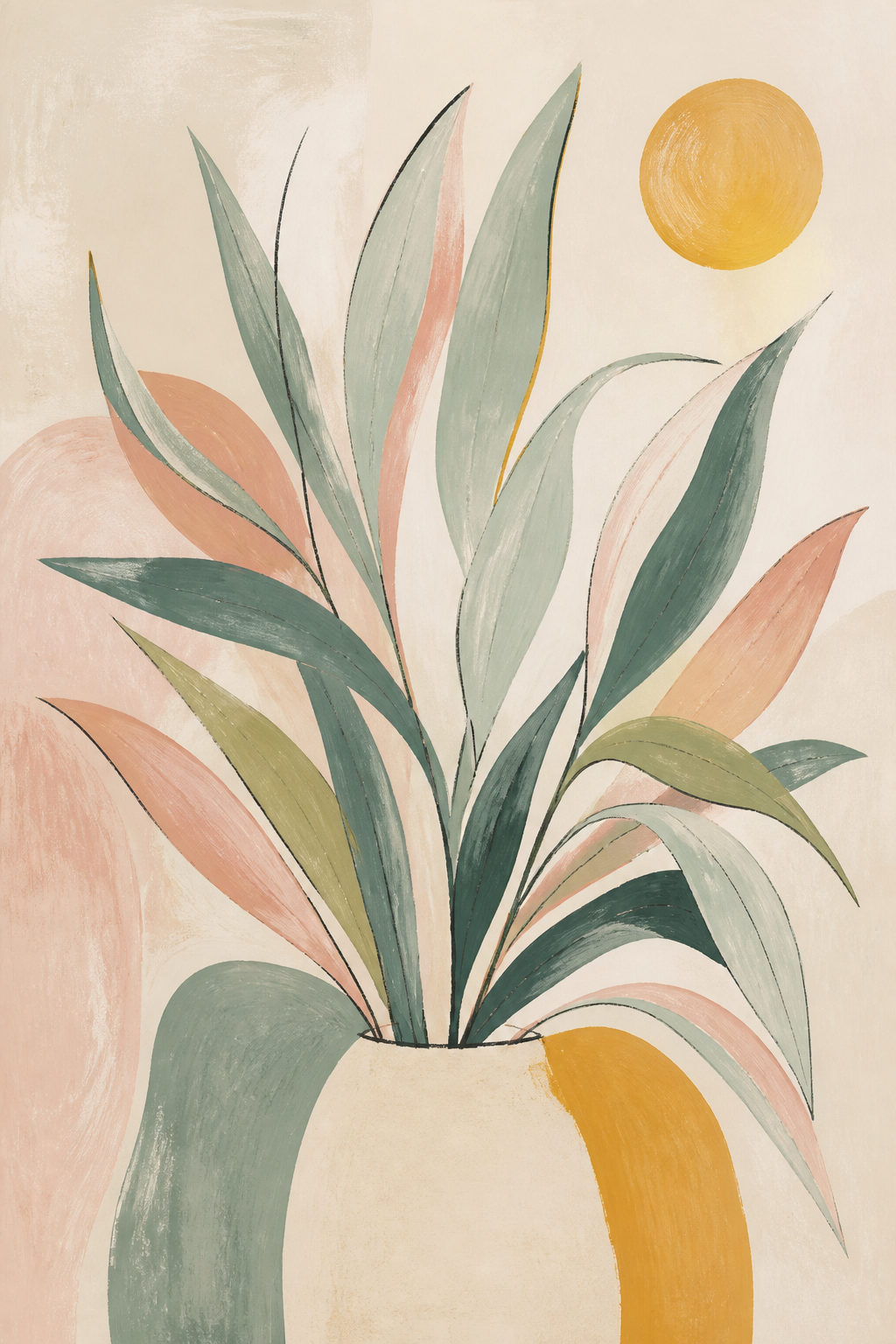 Soft Botanical green and blush canvas wall art, portrait orientation