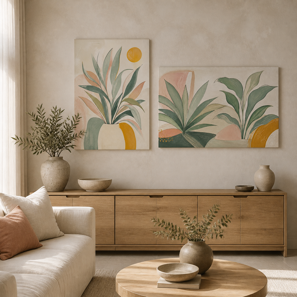 Soft Botanical stretched canvas wall art in a contemporary living room, portrait and landscape
