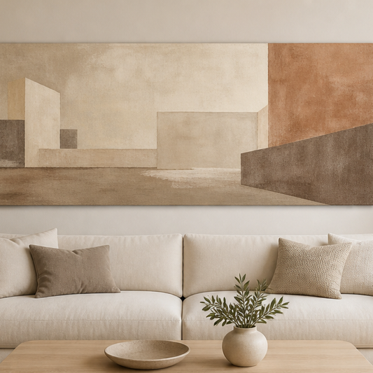 Soft Structure Architectural Stretched Canvas displayed above a neutral sofa – lifestyle thumbnail
