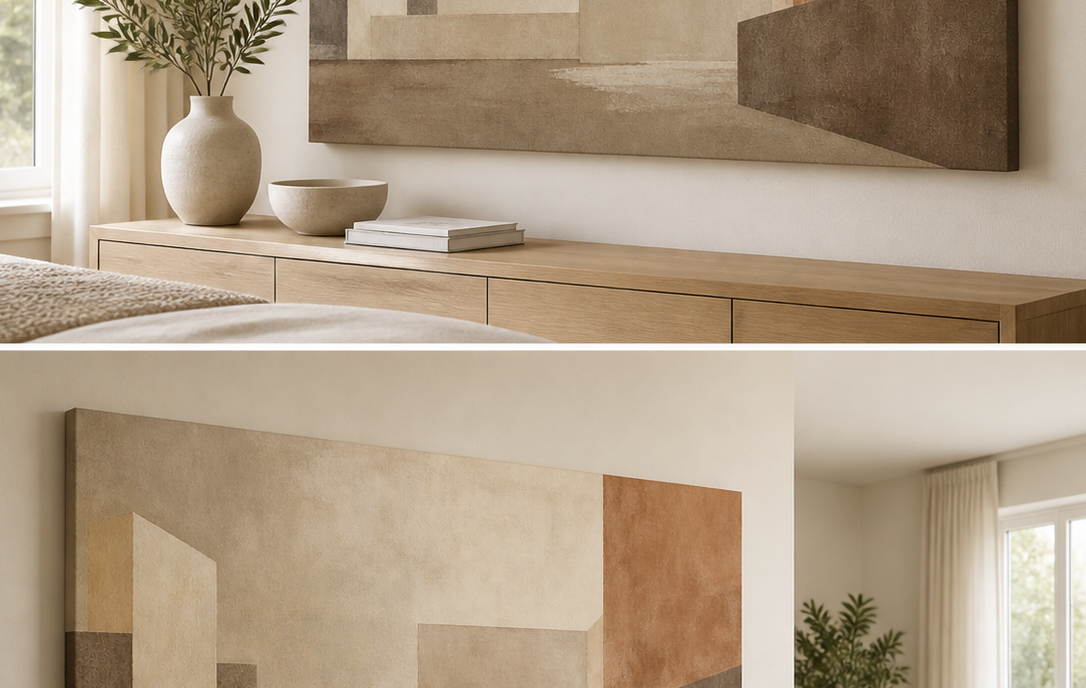 Soft Structure stretched canvas wall art in bedroom, left angle