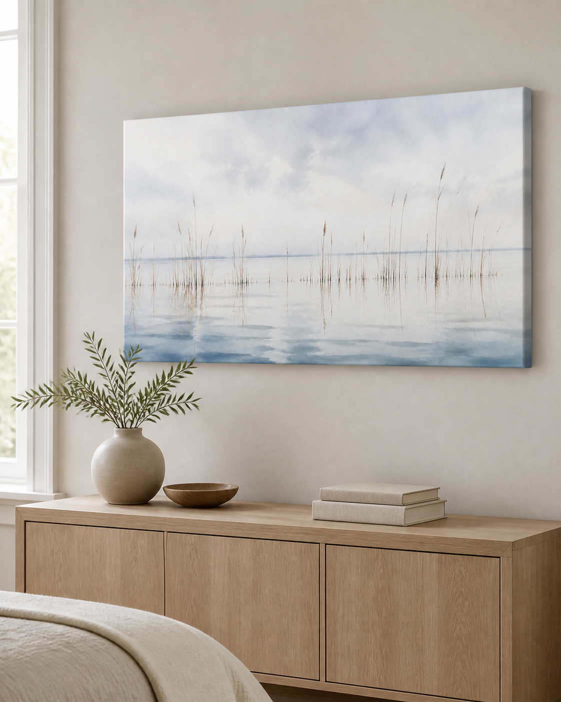 Still Reeds stretched canvas wall art from a left interior angle