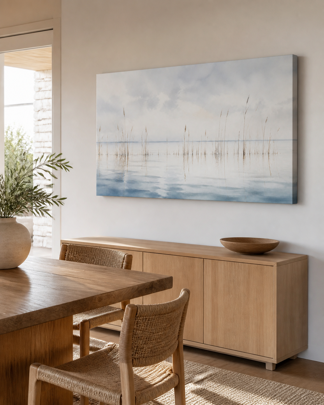 Still Reeds stretched canvas wall art from a right interior angle