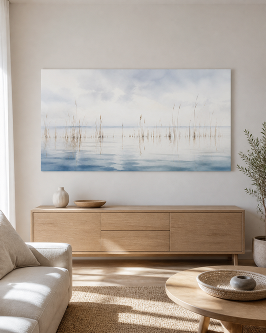 Still Reeds stretched canvas wall art in a neutral living room, thumbnail view