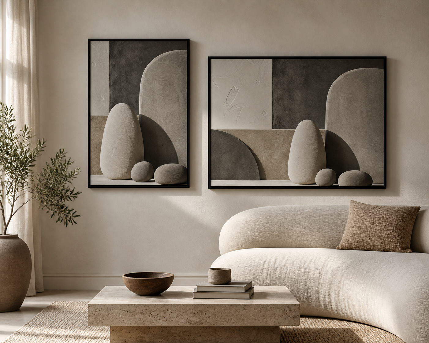 Stone and Shadow black floating frame canvas in a contemporary living room