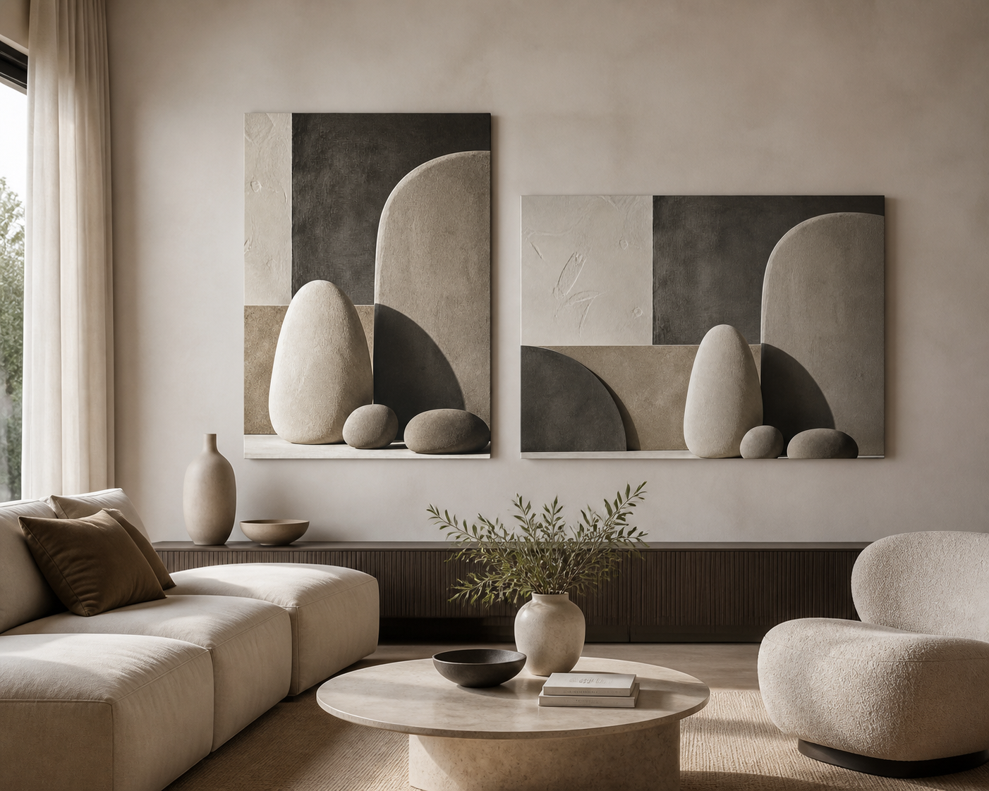 Stone and Shadow stretched canvas in a contemporary living room