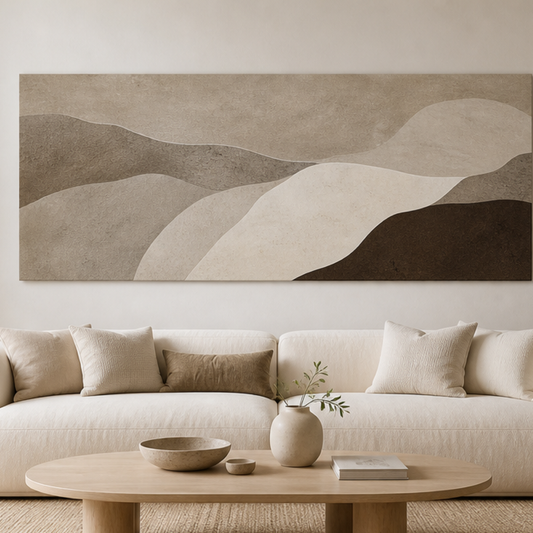 Stone Tides Neutral Abstract Stretched Canvas displayed above a neutral sofa – lifestyle thumbnail