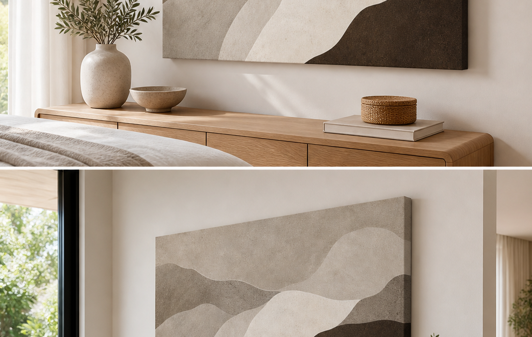 Stone Tides stretched canvas wall art in bedroom, left angle