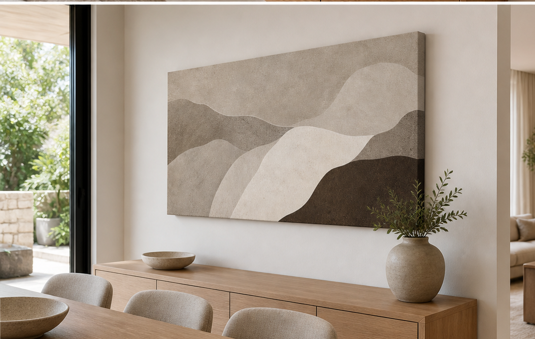 Stone Tides stretched canvas wall art in dining room, right angle