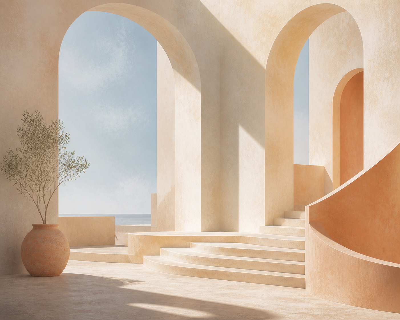 Sunlit Atrium Mediterranean architectural wall art, landscape orientation