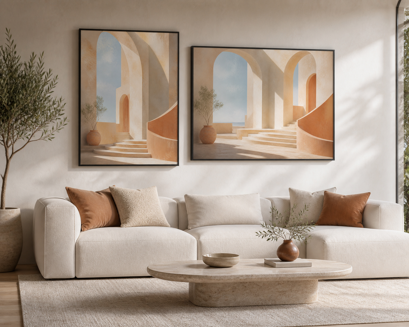 Sunlit Atrium black floating frame canvas in a contemporary living room
