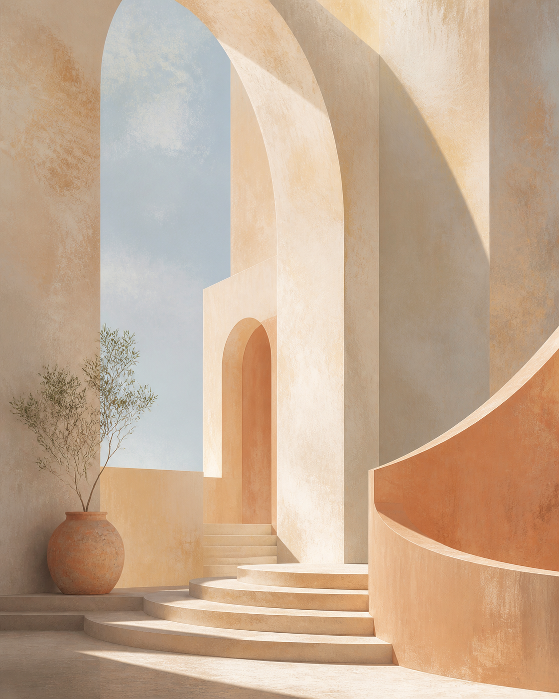 Sunlit Atrium Mediterranean architectural wall art, portrait orientation