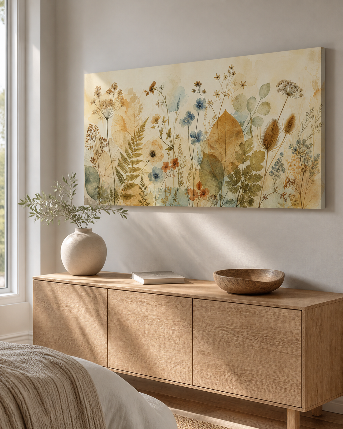 Sunlit Herbarium stretched canvas wall art from a left interior angle
