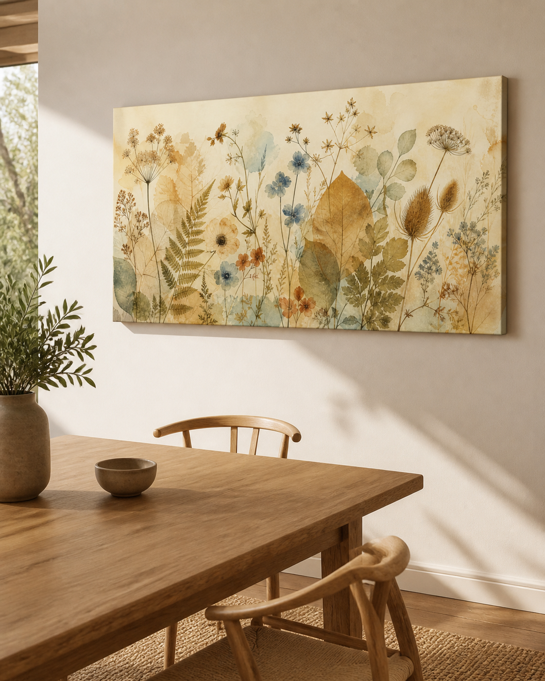 Sunlit Herbarium stretched canvas wall art from a right interior angle