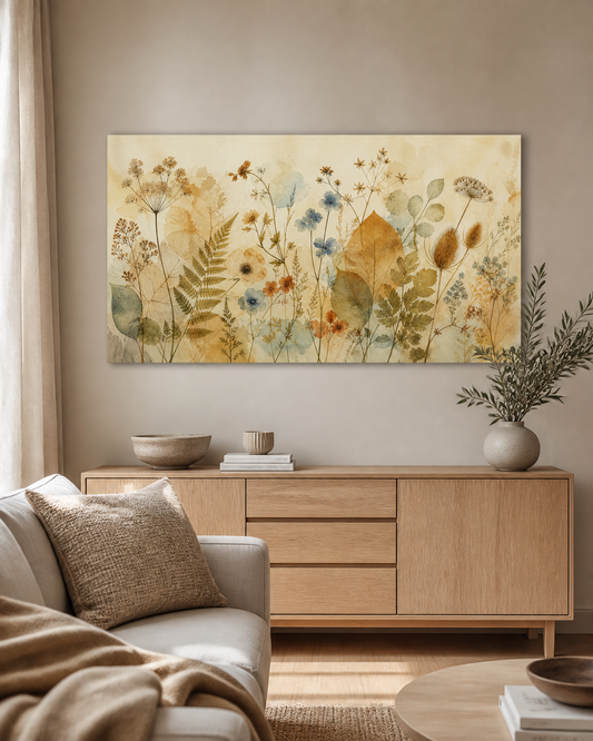 Sunlit Herbarium stretched canvas wall art displayed in a neutral living room